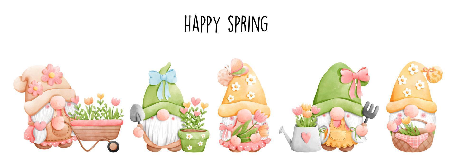 gnomo de jardín acuarela, ilustración de vector de gnomo de primavera