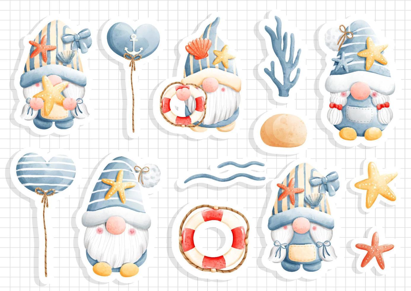 Sticker sheet gnome summer, nautical gnome vector illustration