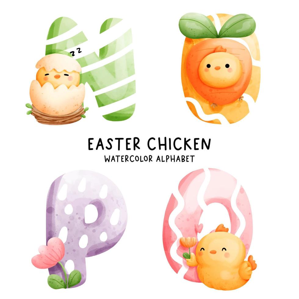 Easter chicken, watercolor alphabet. Vector illustration