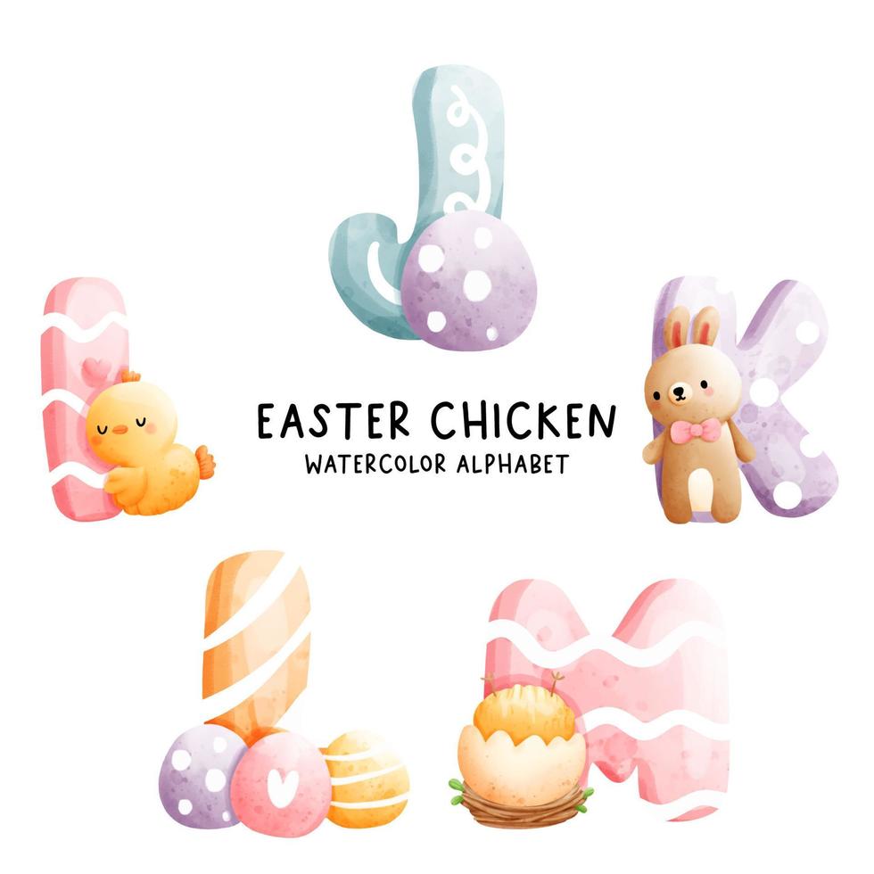 Easter chicken, watercolor alphabet. Vector illustration