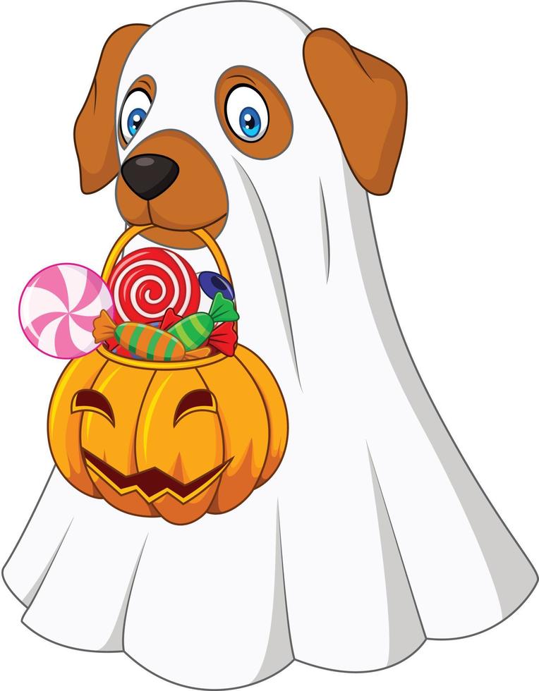 Halloween costume dog holding pumpkin bag full candy vector