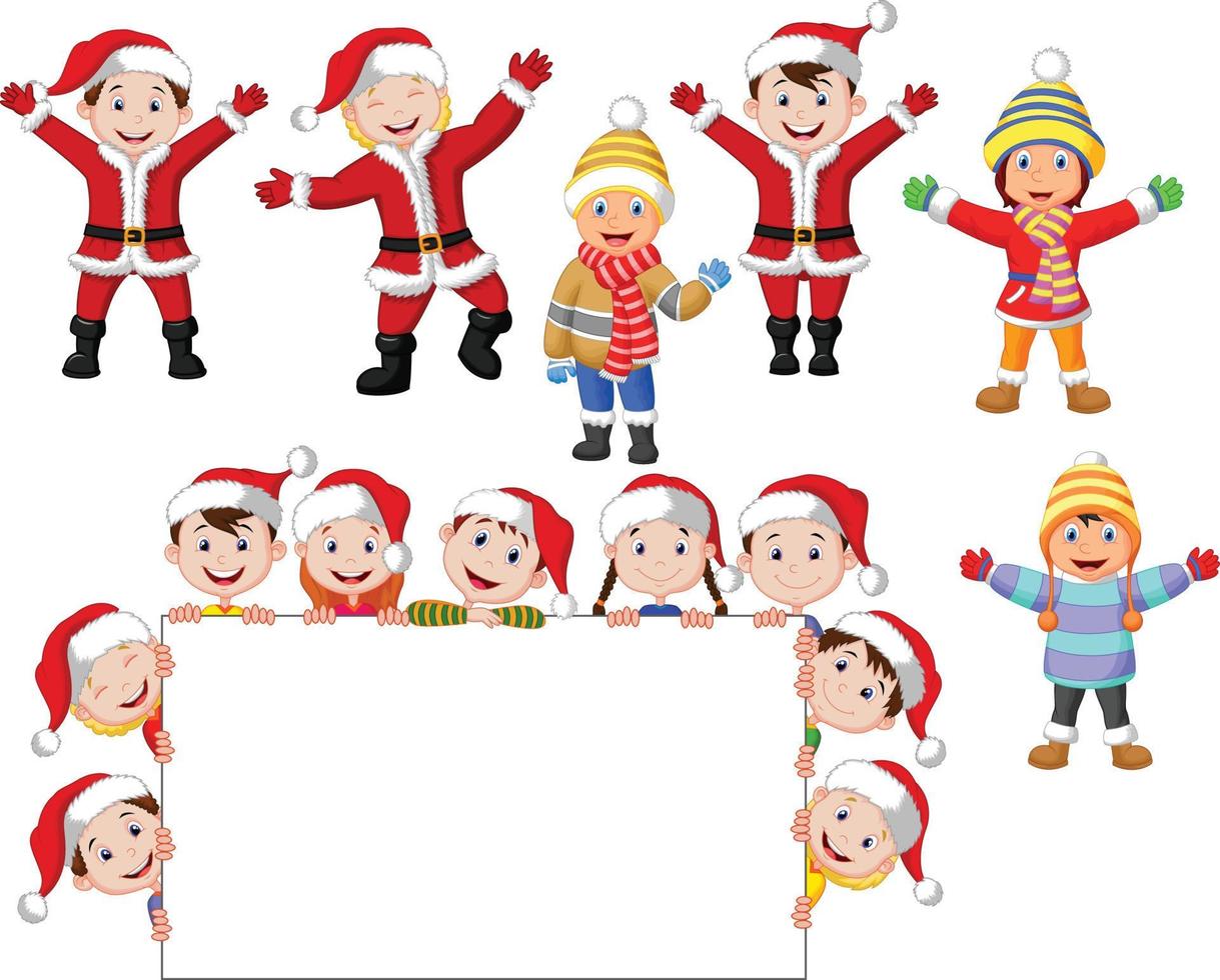 Cartoon christmas children with blank sign vector