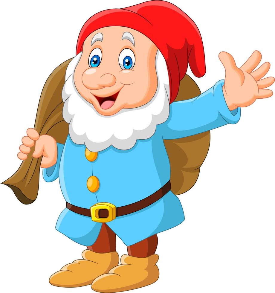 Cartoon happy dwarf carrying sack vector