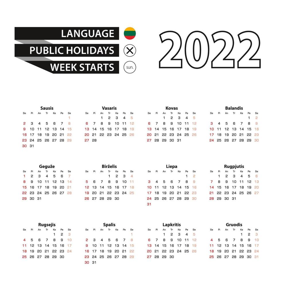2022 calendar in Lithuanian language, week starts from Sunday. vector