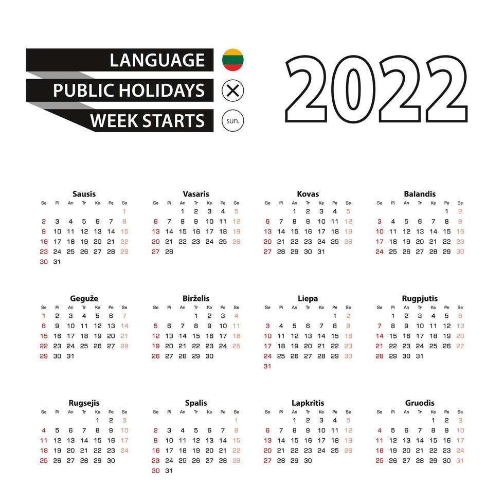 Calendario 2022 en lituano, la semana comienza el domingo. vector