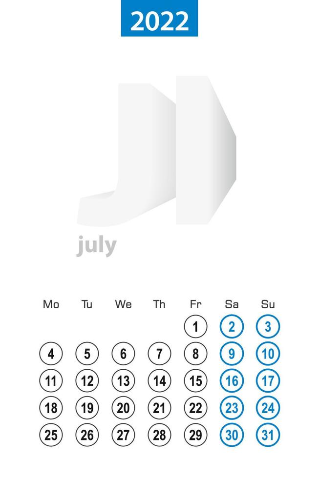 Calendar for July 2022, blue circle design. English language, week starts on Monday. vector