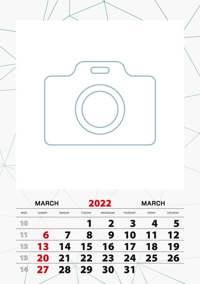 plantilla de planificador de calendario de pared para marzo de 2022, la semana comienza el domingo. vector