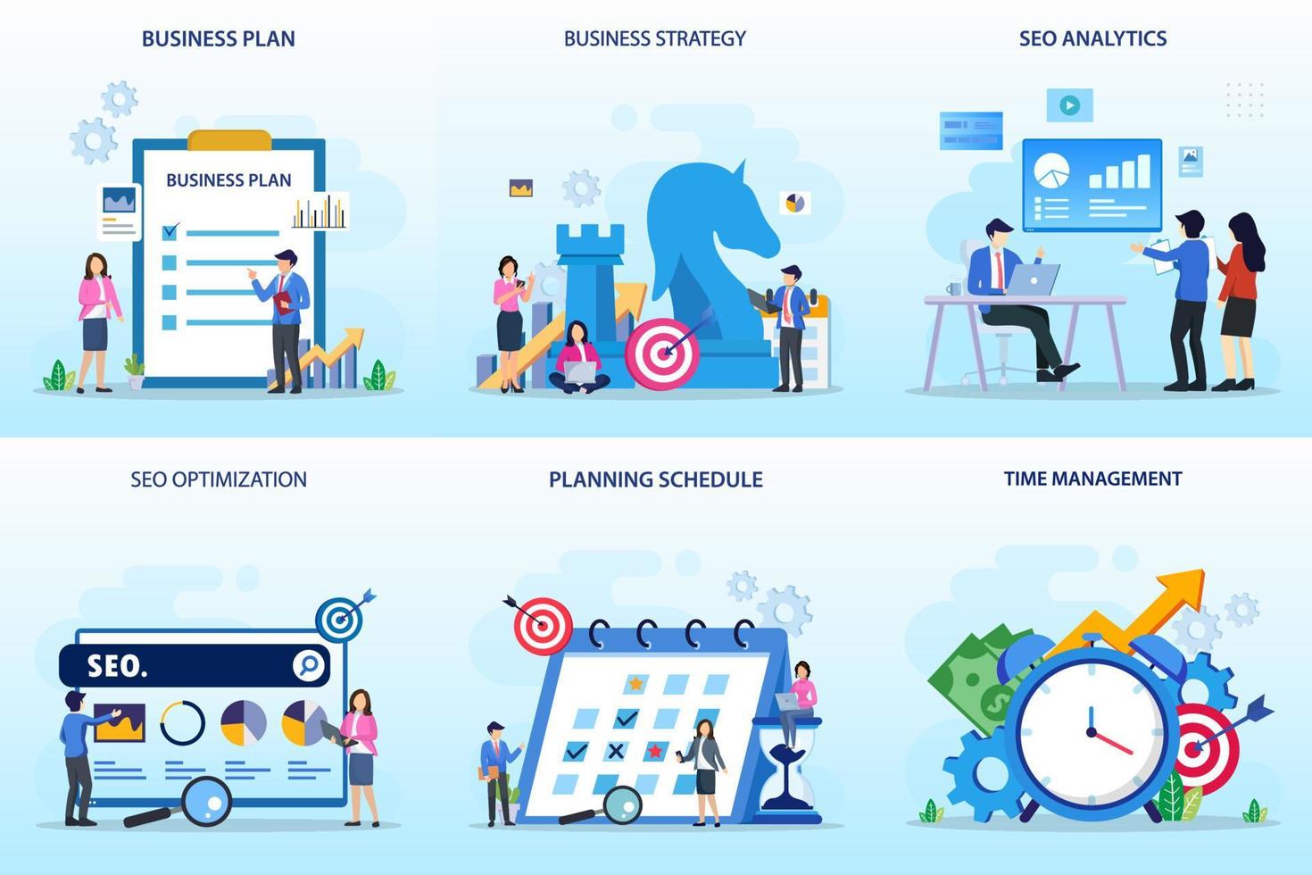 The finance or business profession make financial operations. Business plan, business strategy, seo analytics, seo optimization, planning schedule, time management. vector