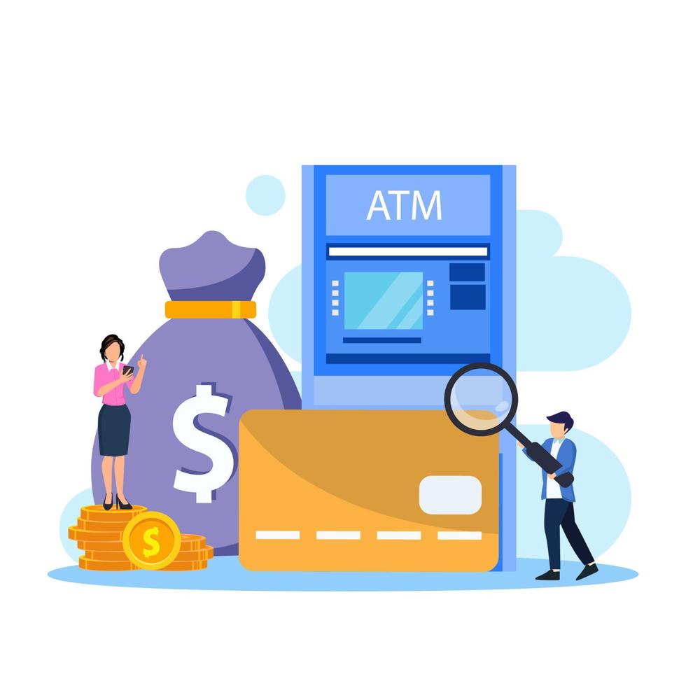 Vector illustration of modern business concept style. The character of the person makes money withdrawals at ATMs, Cash withdrawal from ATMs. Flat vector template Style Suitable for Web Landing Page.