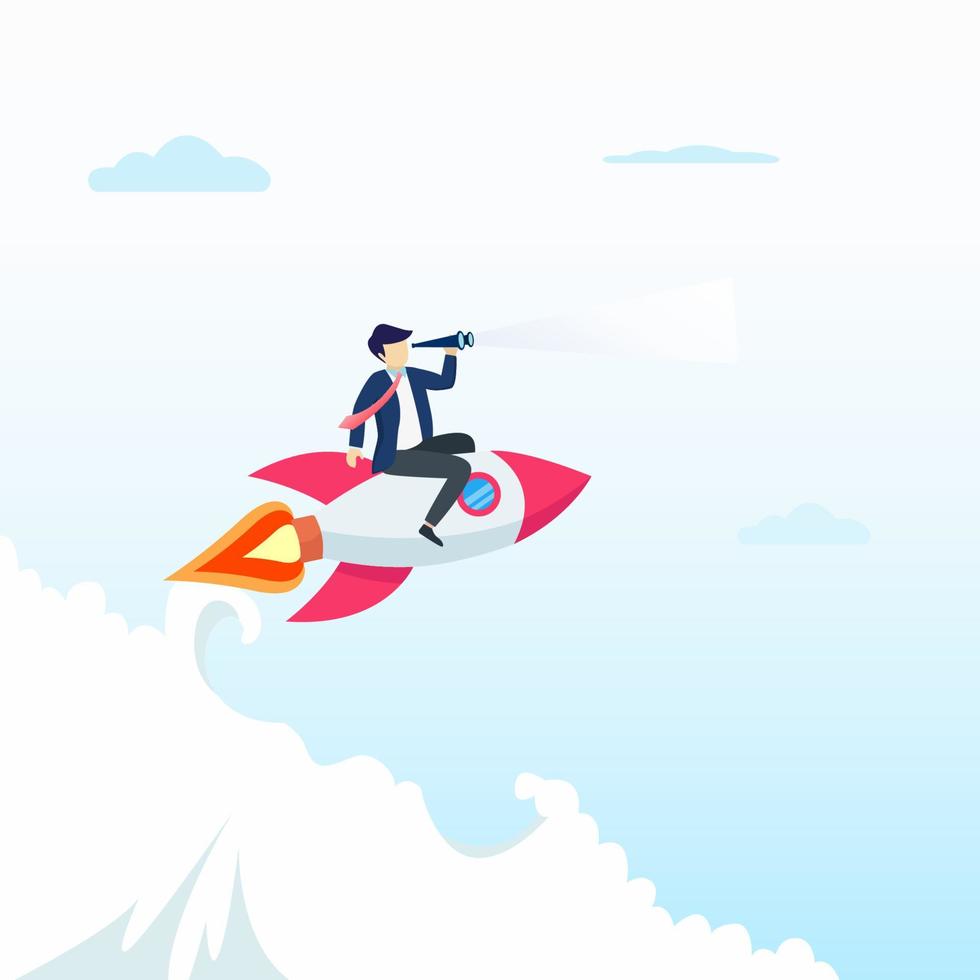 Vision concept vector illustration. Businessman with spyglass flying on rocket. Start up business concept, Development of startup. Flat vector template Style Suitable for Web Landing Page