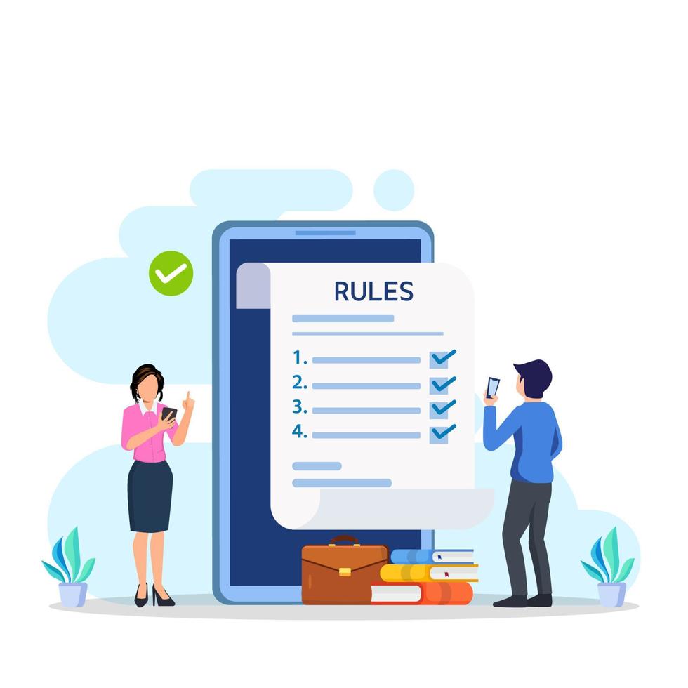 Business people studying list of rules, reading guidance, making checklist Vector illustration.