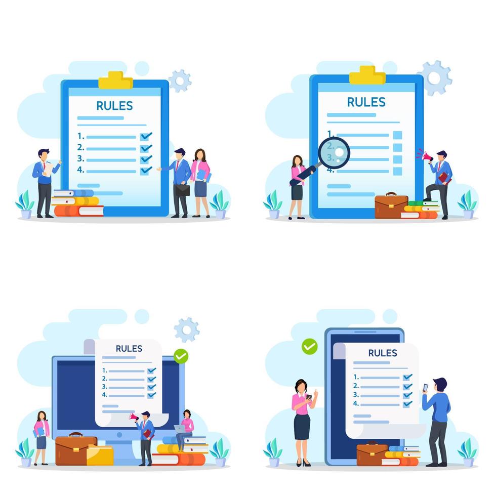 Business people studying list of rules, reading guidance, making checklist Vector illustration.