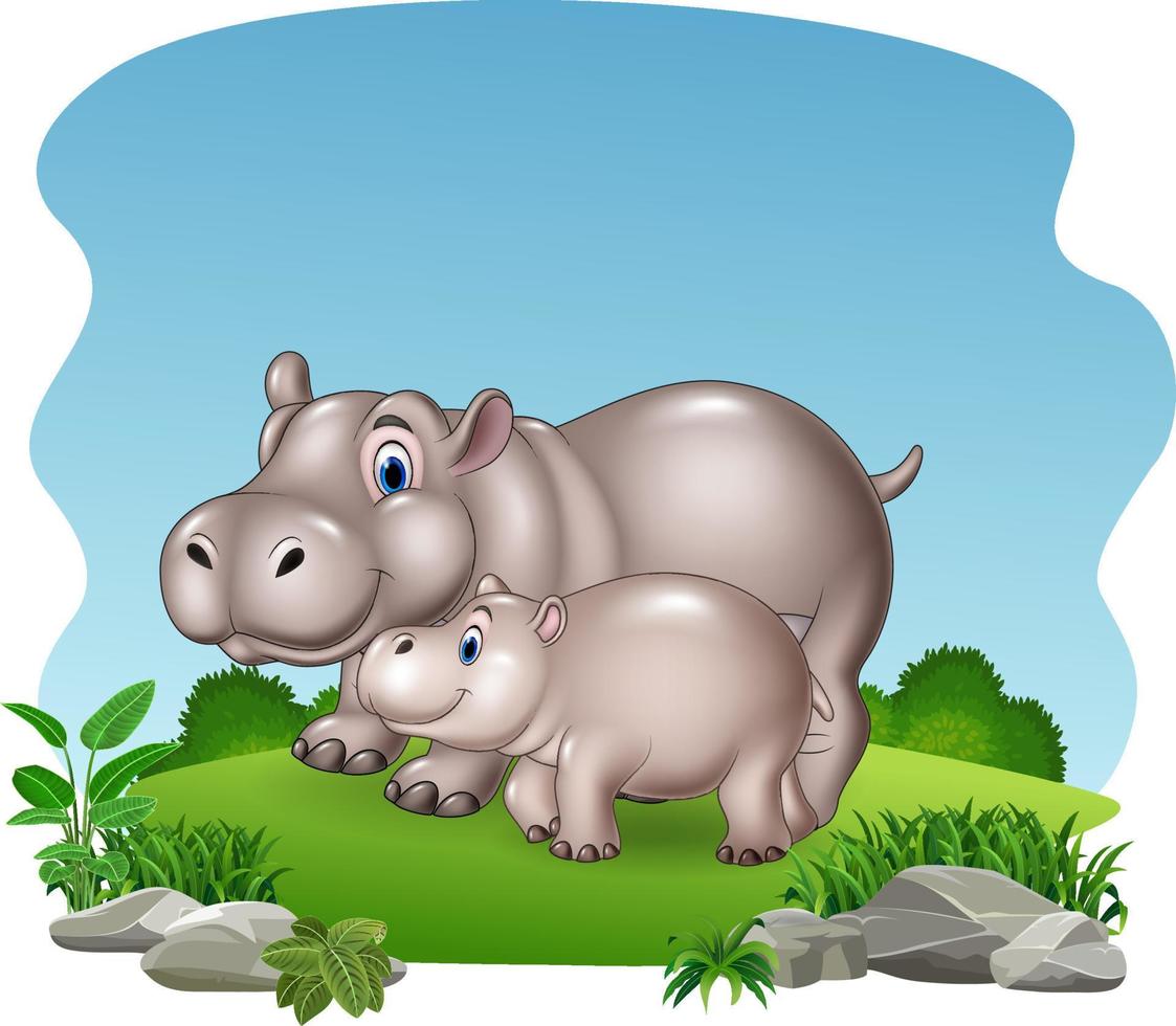 Cartoon mother and baby hippo in the jungle vector