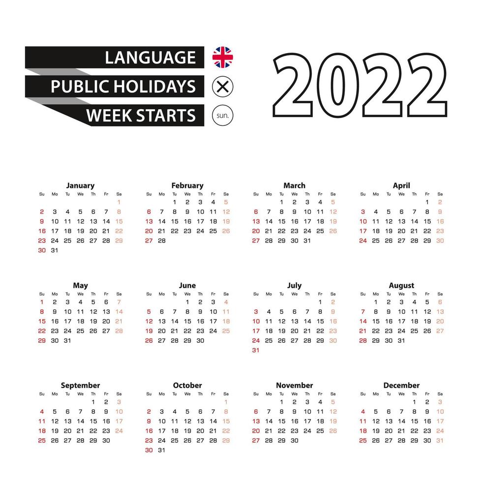 2022 calendar in English language, week starts from Sunday. vector