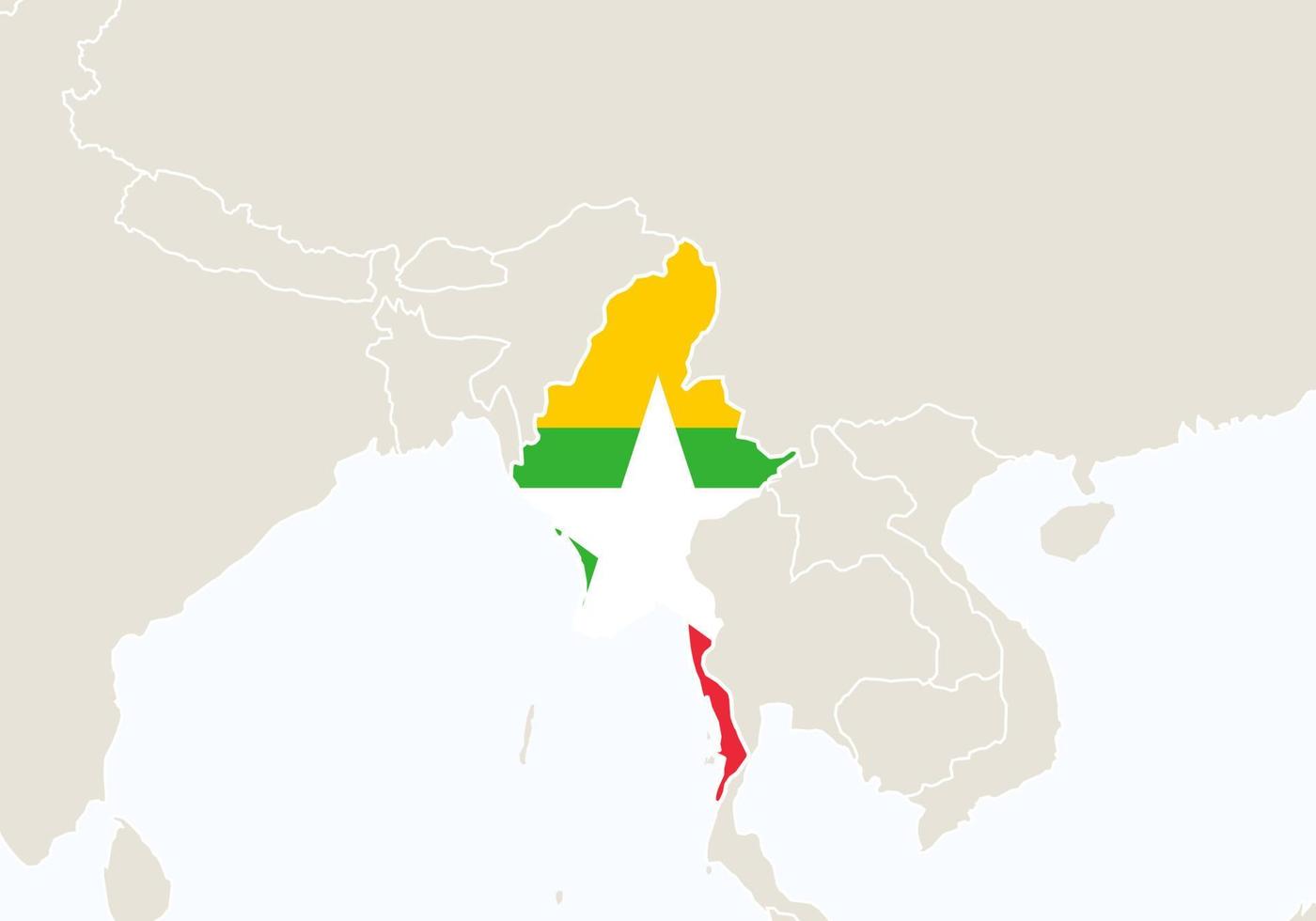 asia con el mapa de myanmar resaltado. vector