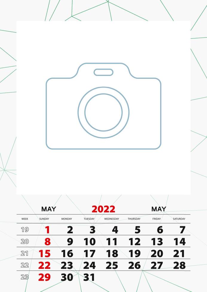 plantilla de planificador de calendario de pared para mayo de 2022, la semana comienza el domingo. vector