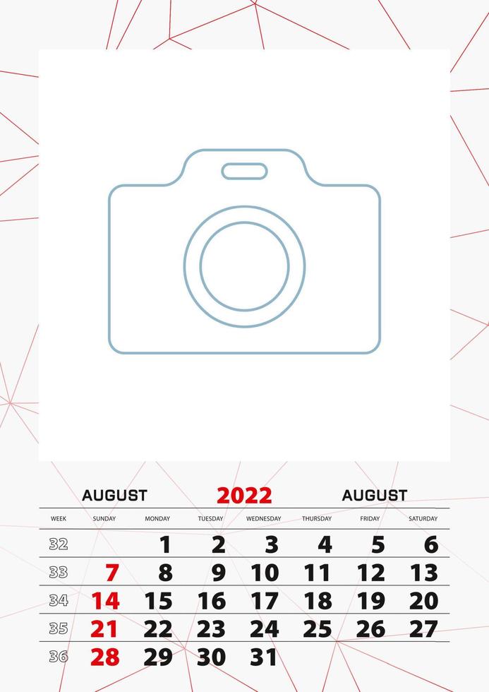Wall calendar planner template for August 2022, week starts on sunday. vector