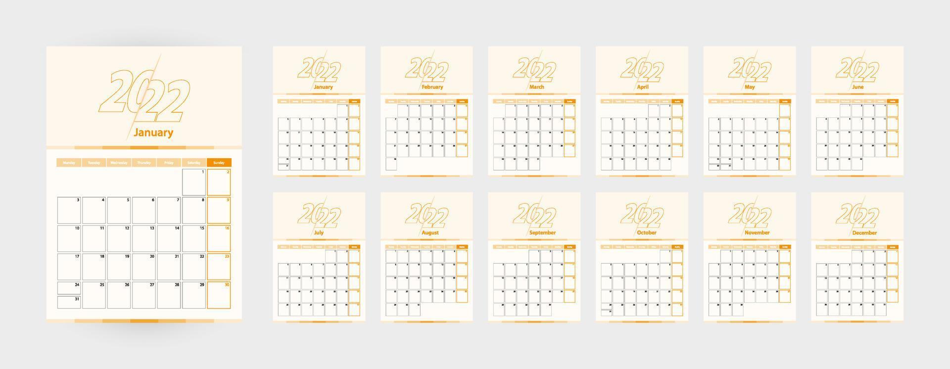 Modern vector vertical calendar for the year 2022, planner in English.