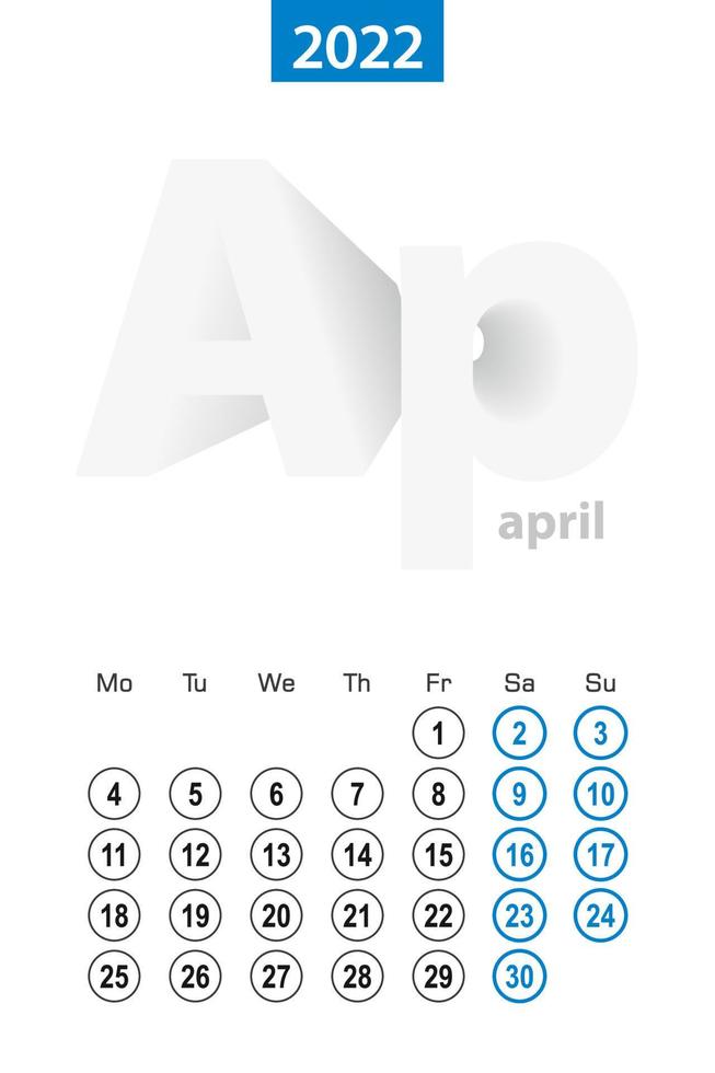 Calendar for April 2022, blue circle design. English language, week starts on Monday. vector