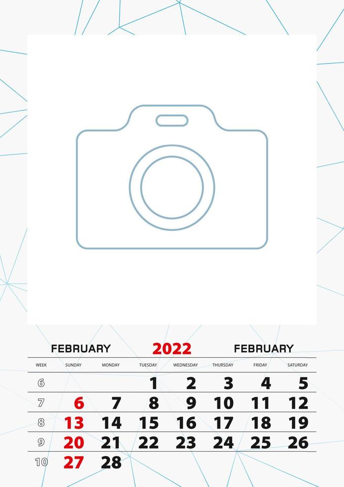 Wall calendar planner template for February 2022, week starts on sunday. vector