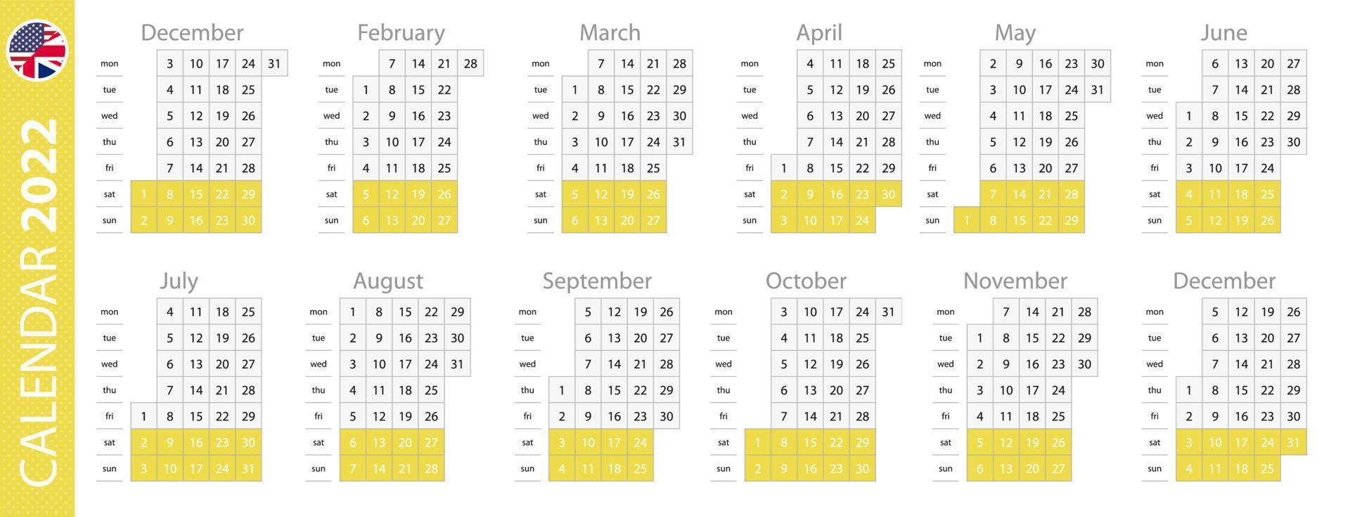 Calendar template for 2022 year, vertical grid design. vector