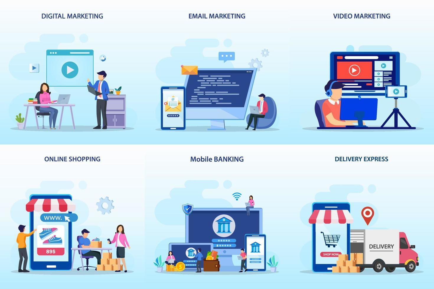 Set bundle Business concept. digital marketing, email marketing, video marketing, online shopping, mobile banking, delivery express vector