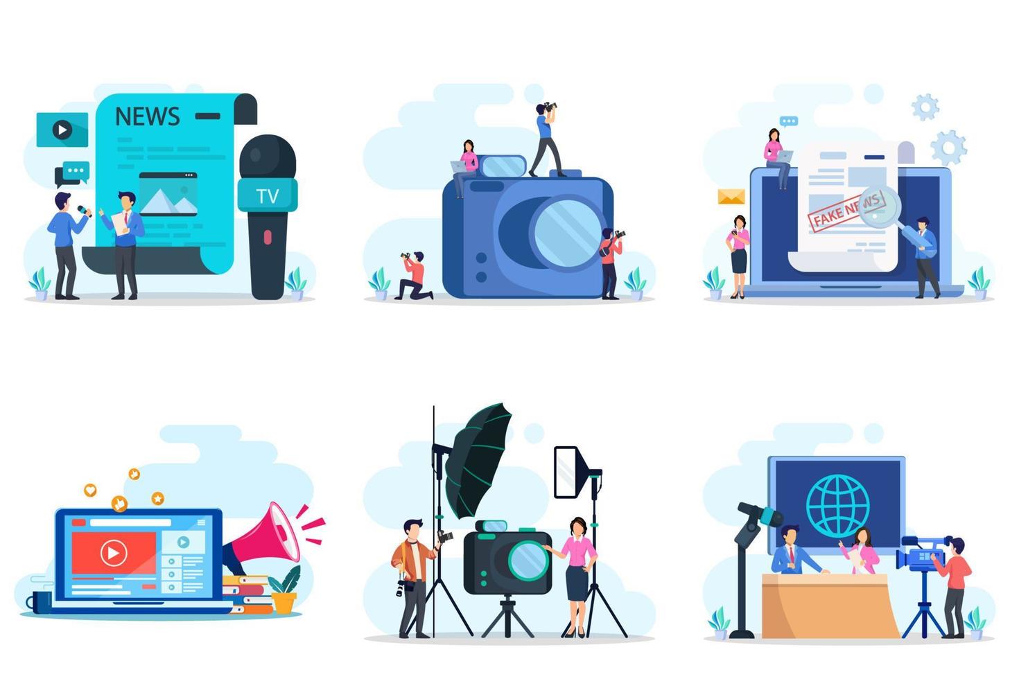 Journalist header concept. Newspaper, internet and journalism. Vector illustration in cartoon style