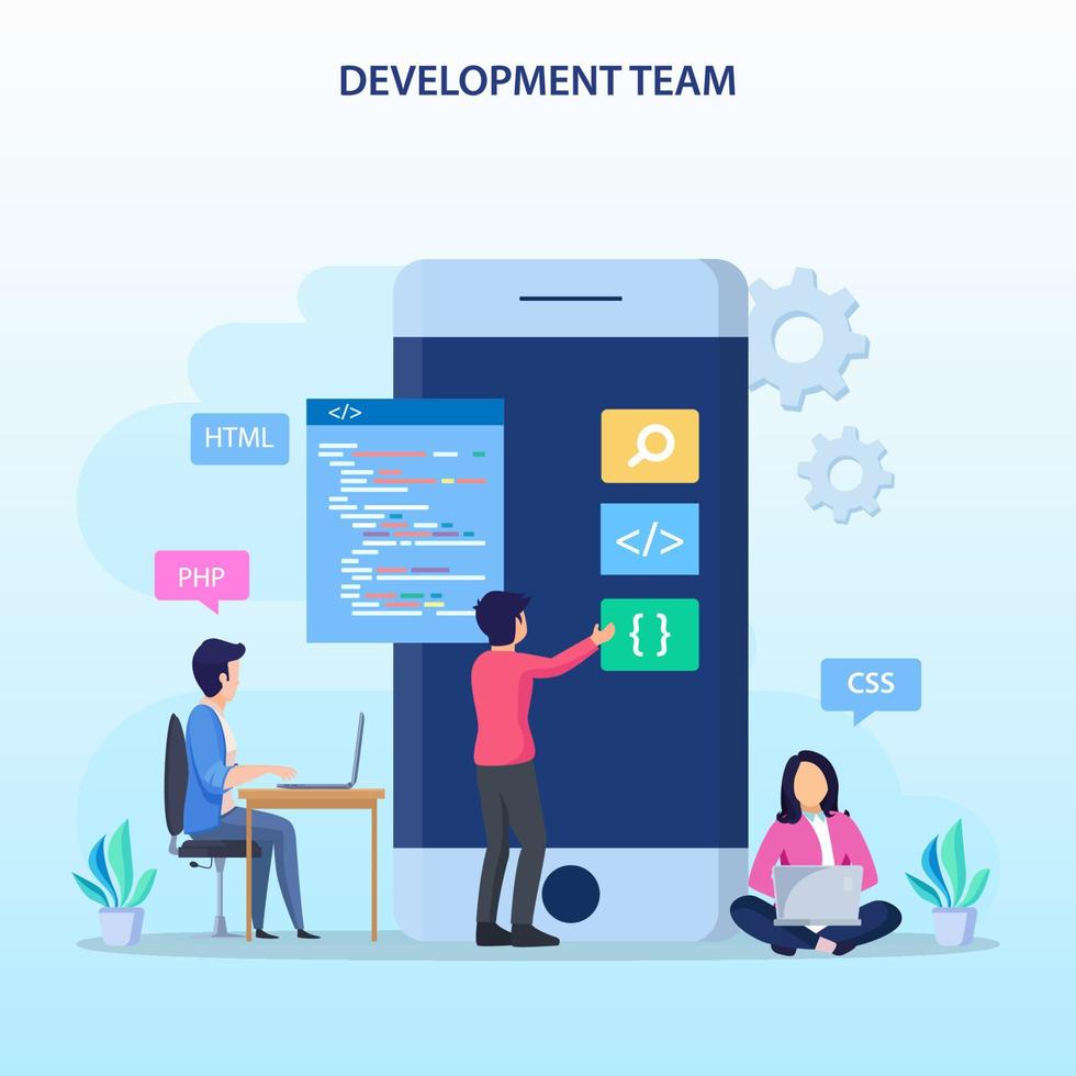 Development team at work concept. Flat vector illustration