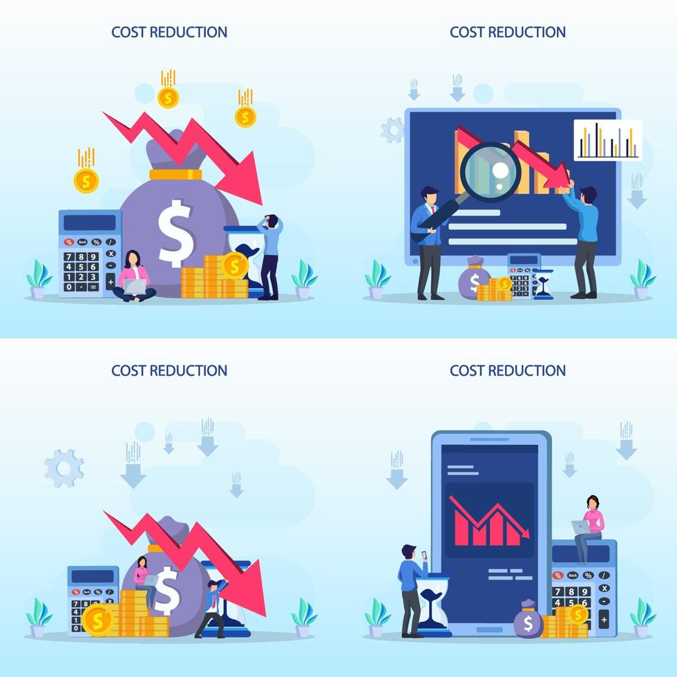 concepto de ilustración de reducción de costos con personas diminutas. disminución de las ventas, crisis financiera. vector