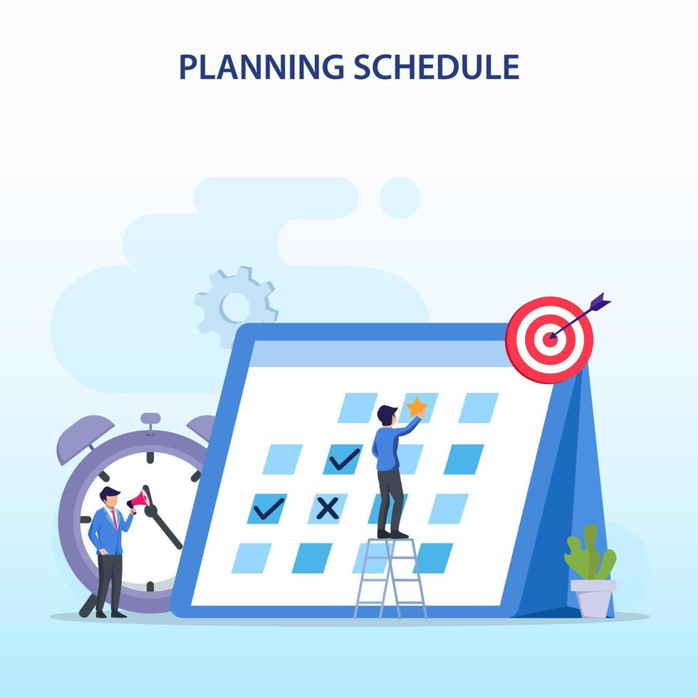 concepto de programación de planificación, personas que completan la programación en un calendario gigante, planificación del trabajo, trabajo en curso. estilo de plantilla de vector plano adecuado para páginas de destino web.