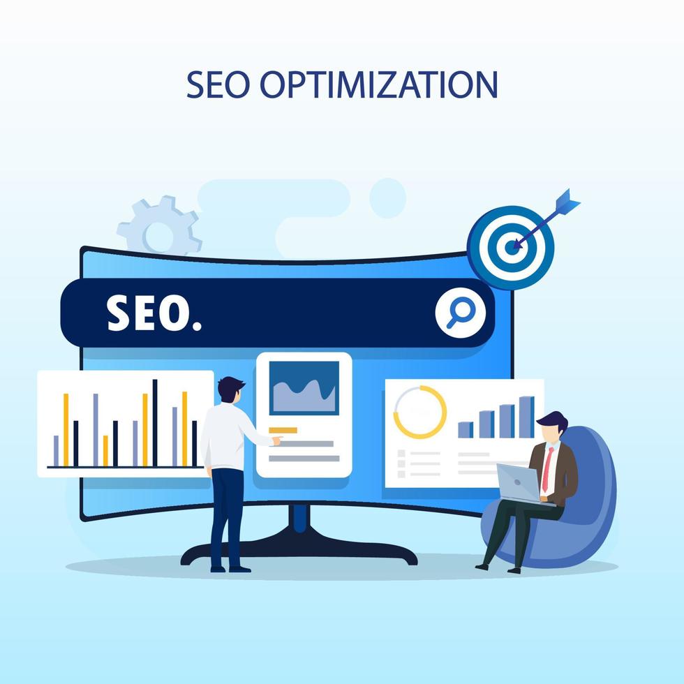 concepto de optimización seo, desarrollo de sitios web, emprendedor, web de negocios, analista de datos, ilustración con íconos y carácter. estilo de plantilla de vector plano adecuado para páginas de destino web.