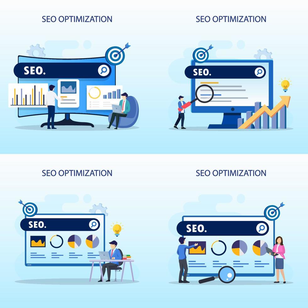 concepto de optimización seo, desarrollo de sitios web, emprendedor, web de negocios, analista de datos, ilustración con íconos y carácter. estilo de plantilla de vector plano adecuado para páginas de destino web.