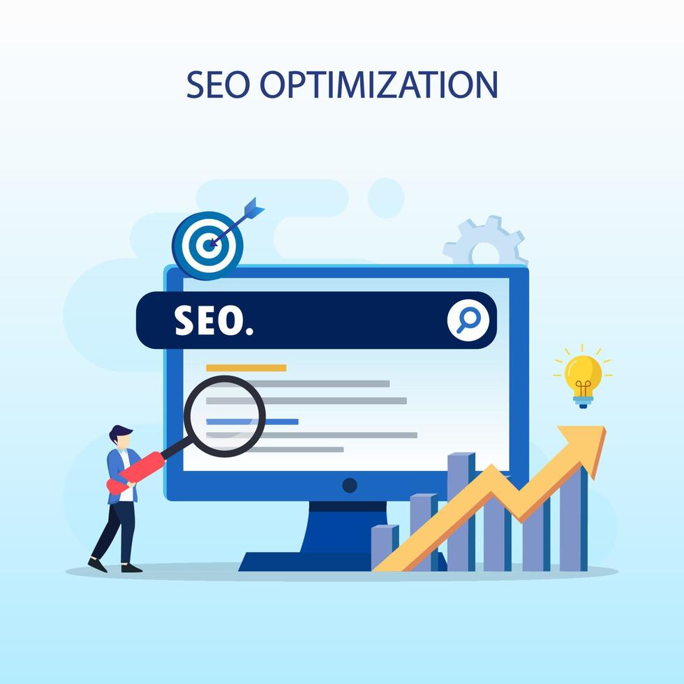 concepto de optimización seo, desarrollo de sitios web, emprendedor, web de negocios, analista de datos, ilustración con íconos y carácter. estilo de plantilla de vector plano adecuado para páginas de destino web.