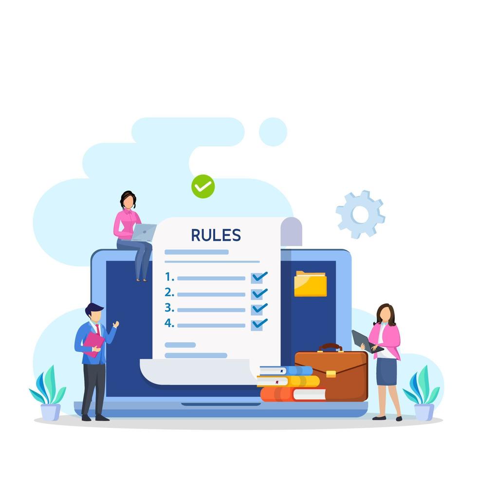 Business people studying list of rules, reading guidance, making checklist Vector illustration.