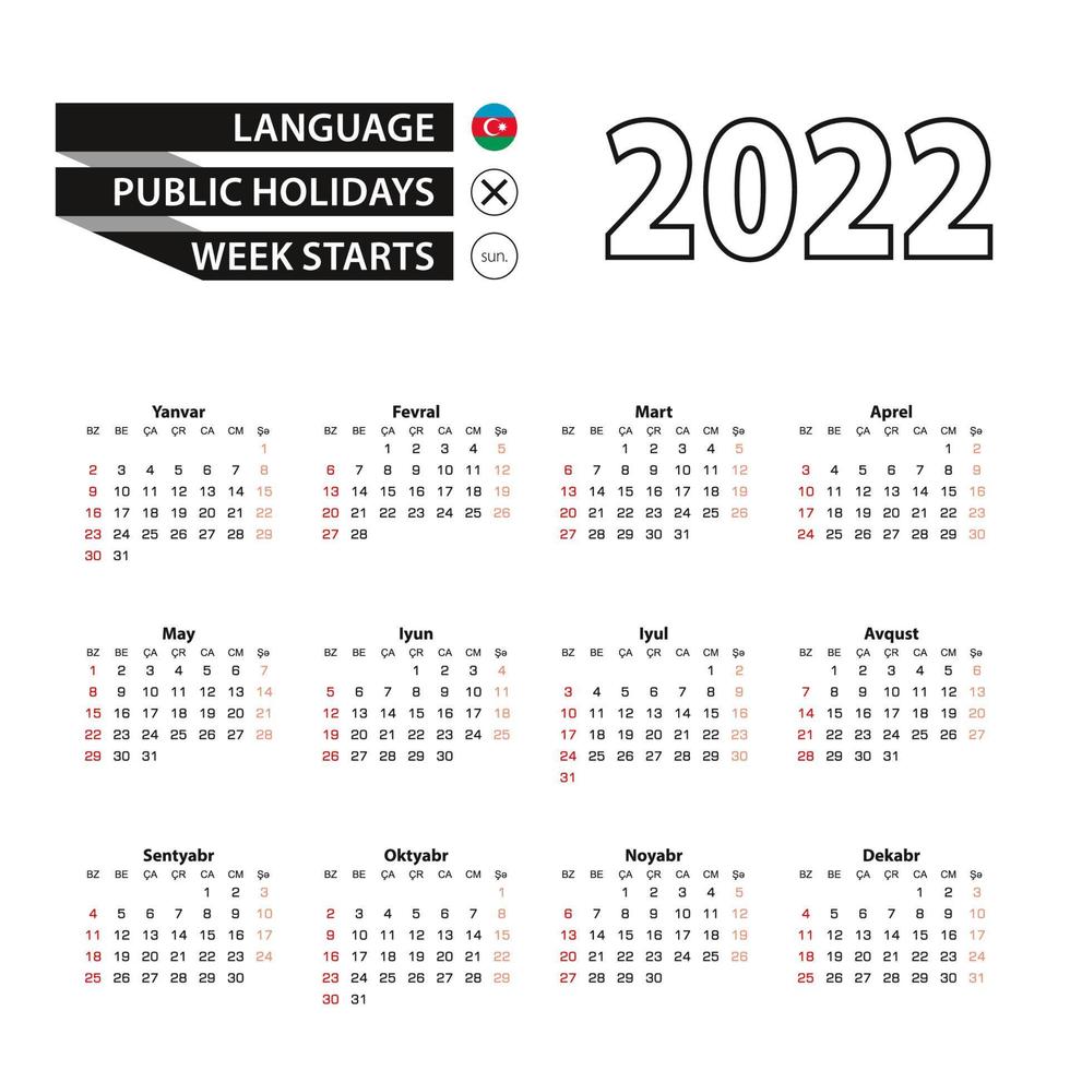 2022 calendar in Azerbaijani language, week starts from Sunday. vector