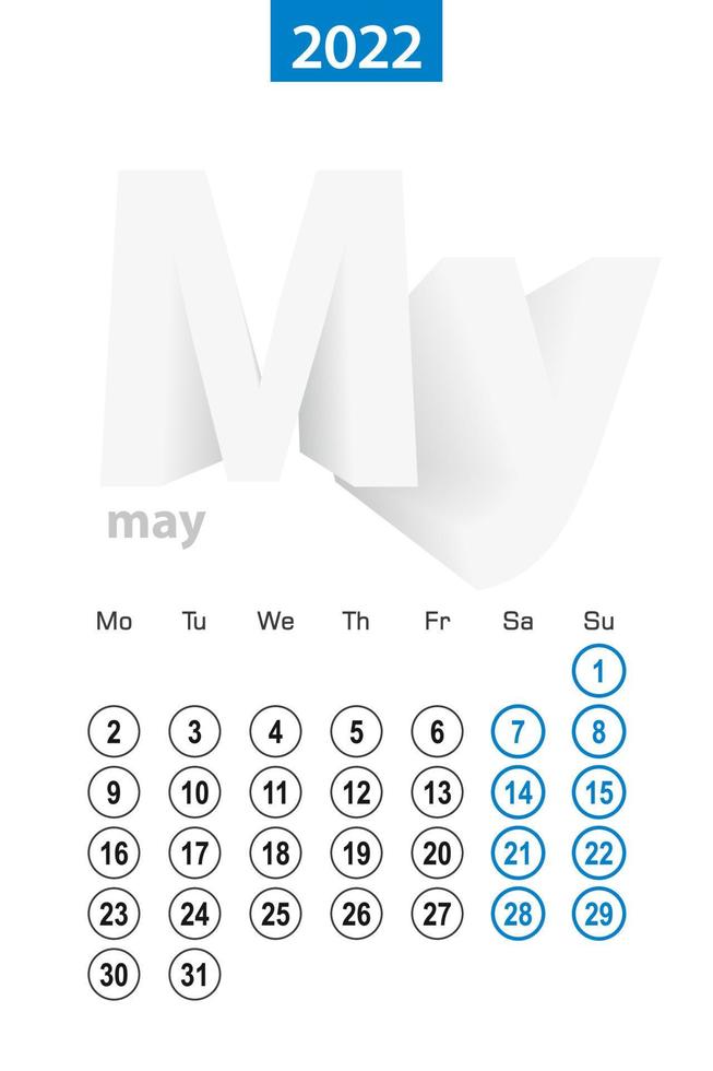 calendario para mayo de 2022, diseño de círculo azul. idioma inglés, la semana comienza el lunes. vector