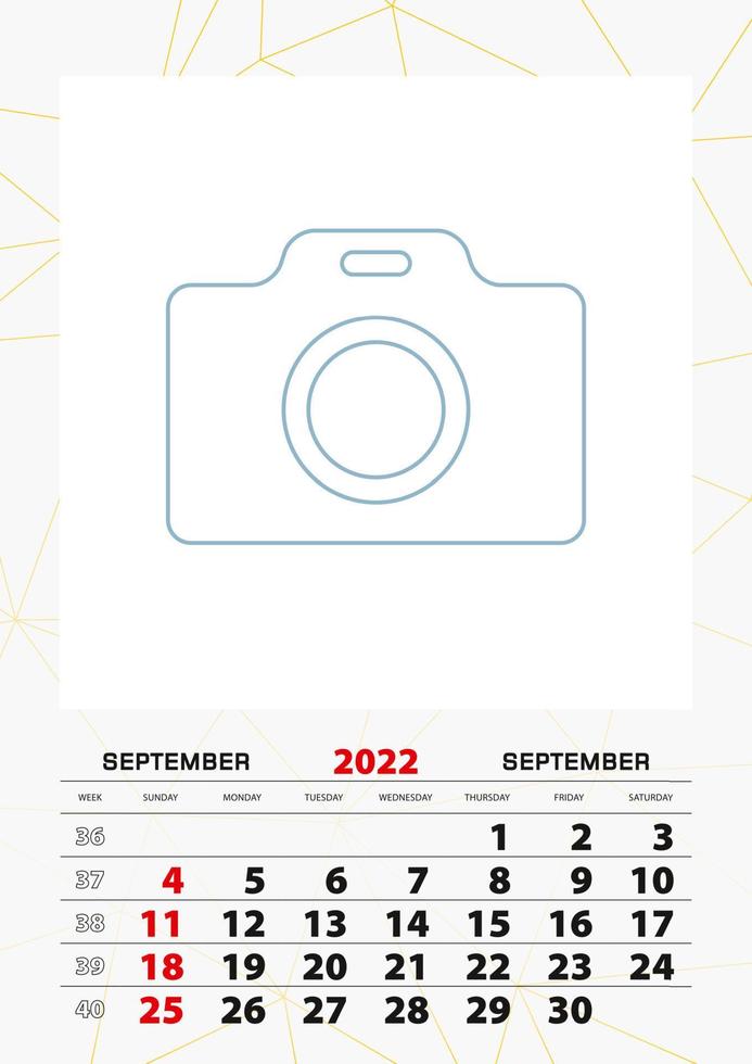 plantilla de planificador de calendario de pared para septiembre de 2022, la semana comienza el domingo. vector