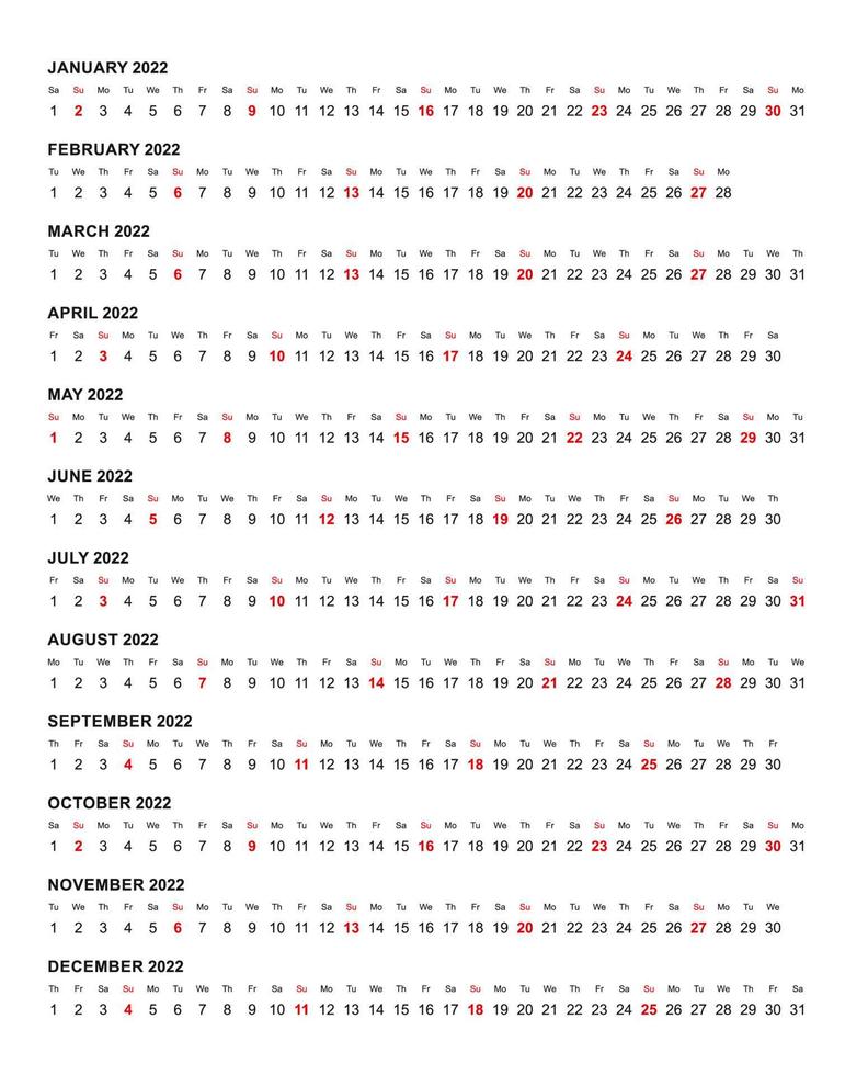 Simple horizontal calendar template year 2022 vector