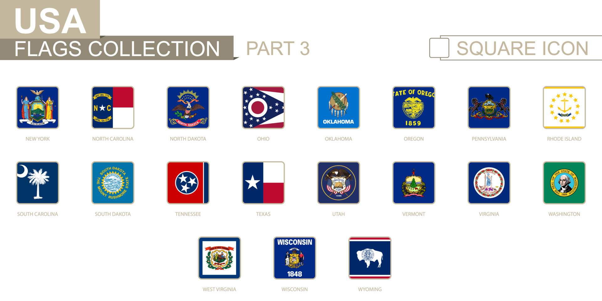 Square flags of US States. Part 3 from New York to Wyoming. 8078931