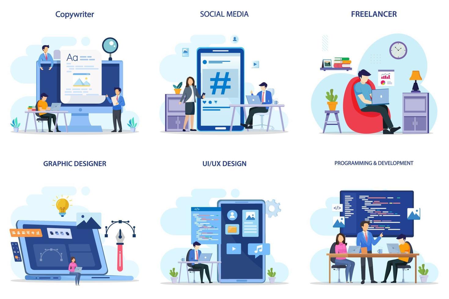 set bundel business profession. copywriter, socila media, freelancer, graphic designer, ui ux design, programming and development vector