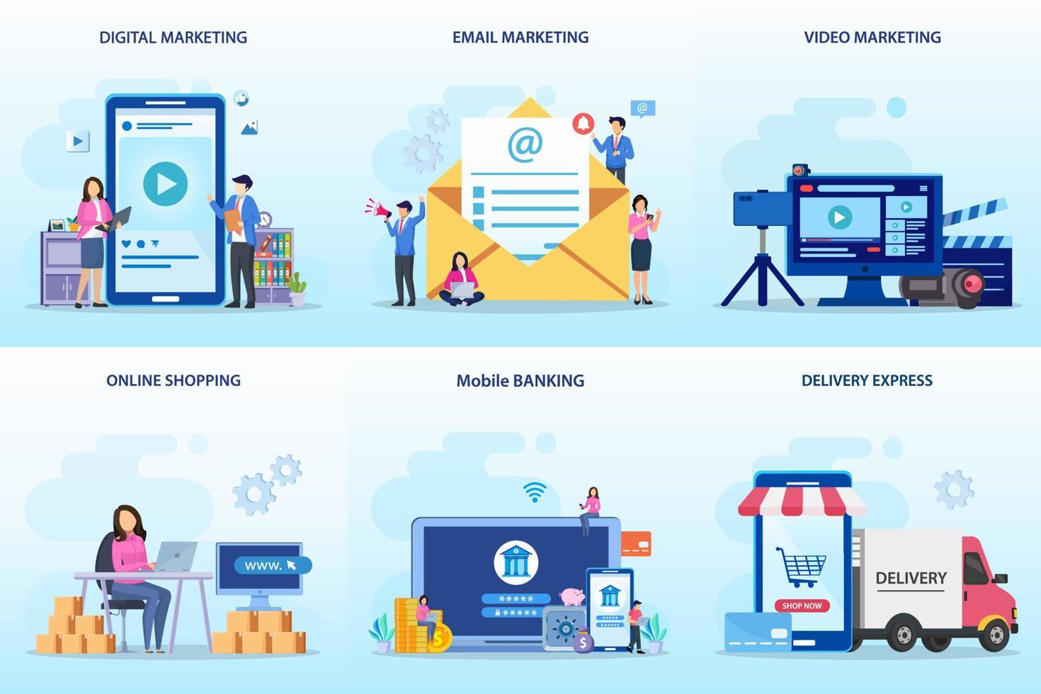 Set bundle Business concept. digital marketing, email marketing, video marketing, online shopping, mobile banking, delivery express vector
