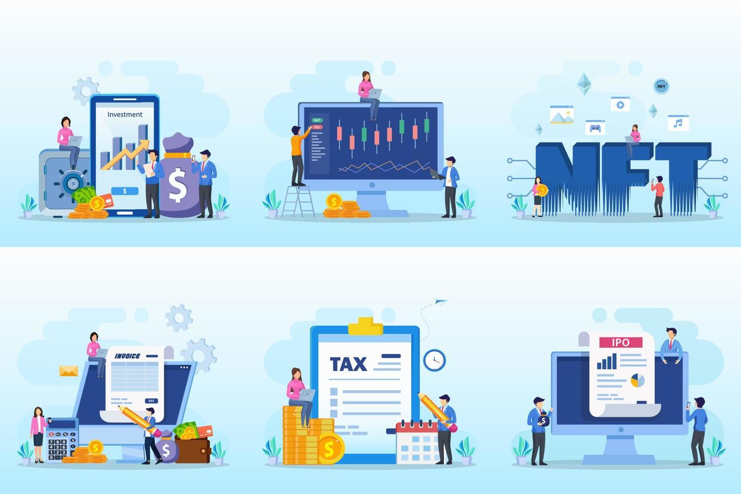 Set bundle Business concept. investment, trader online, nft, invoice, tax online, ipo specialist vector