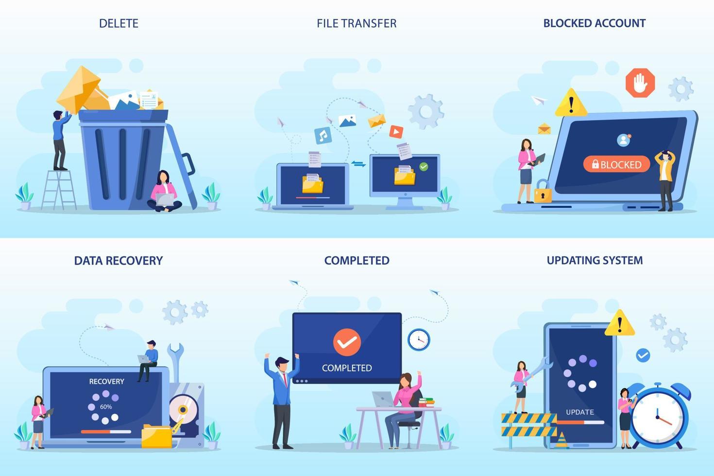 set bundle Digital technology. Delete, file transfer, blocked account, data recovery, completed, update system vector