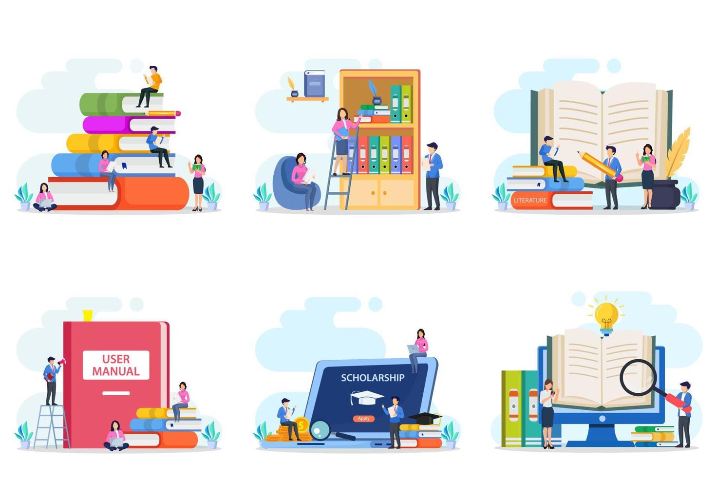 Set bundle library concept, online library for education, online reference concept, book, user manual, literature or elearning. Flat vector template