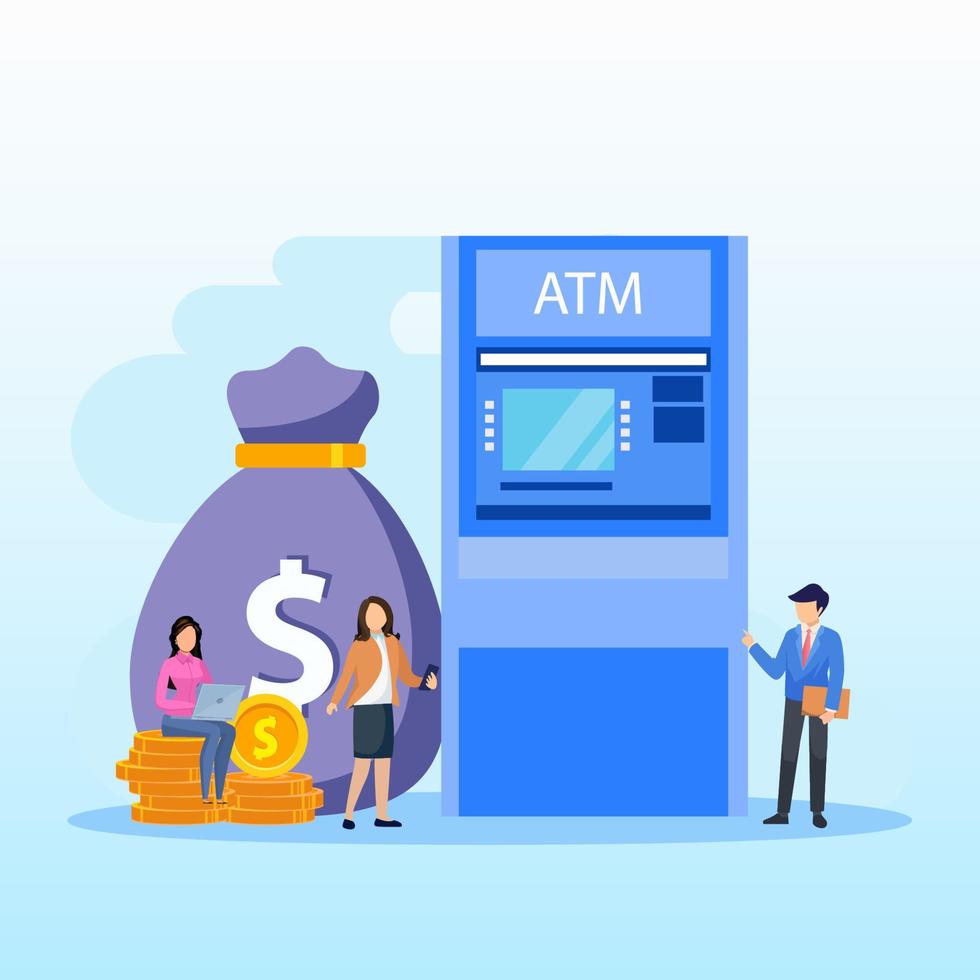 Vector illustration of modern business concept style. The character of the person makes money withdrawals at ATMs, Cash withdrawal from ATMs. Flat vector template Style Suitable for Web Landing Page.