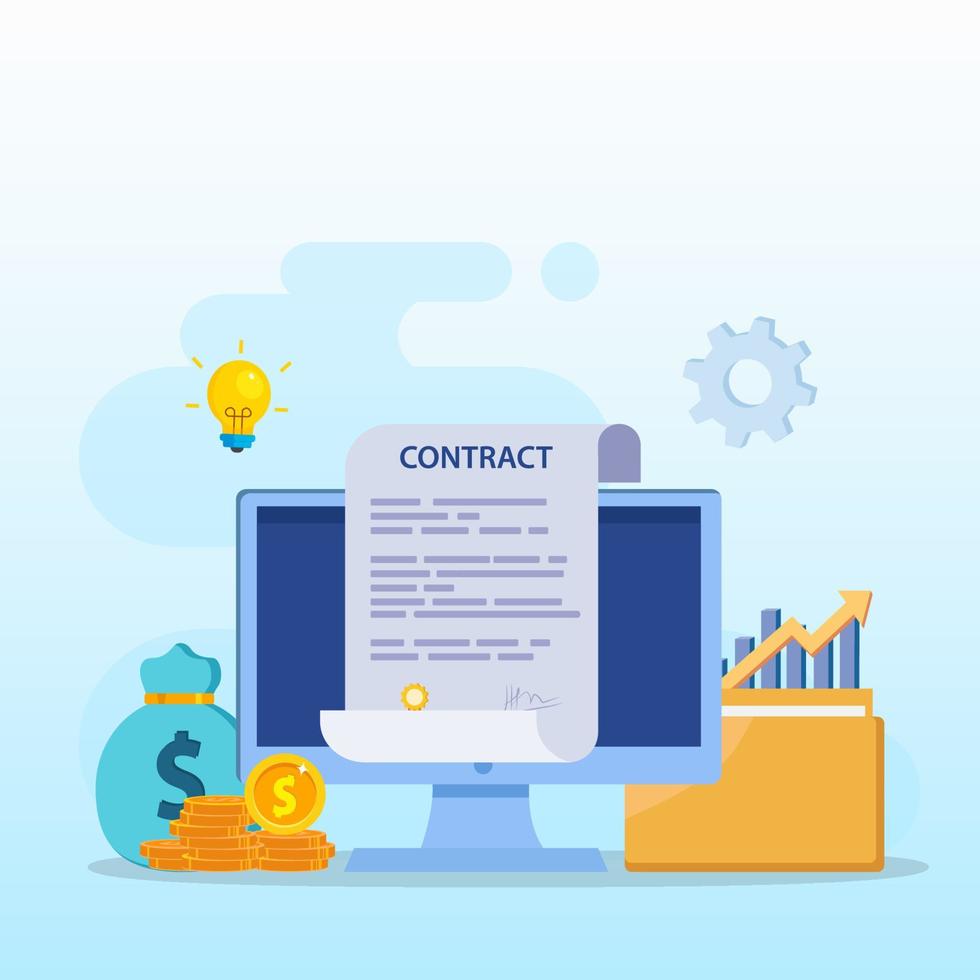 Agreement concept. Business people standing on a signed contract. flat vector illustration
