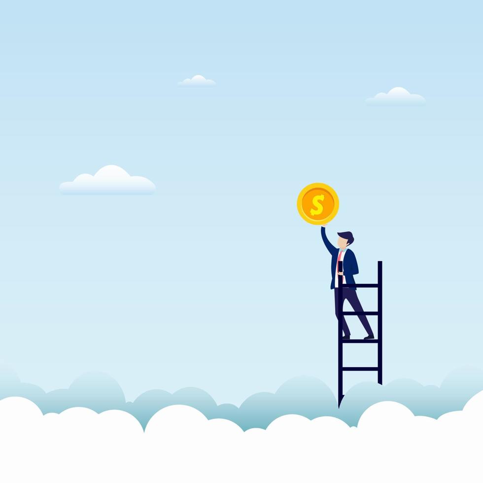 Success icon vector concept, businessman climbing the sky ladder to reach the coin. Flat vector template style Suitable for Web Landing Pages.