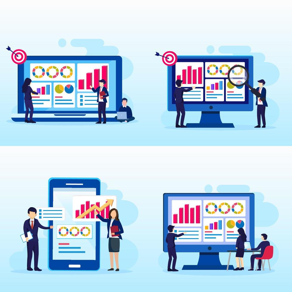 Modern flat design of Data Analysis concept, People work in front of a big screen. Auditing, Financial consulting. Flat Style vector template suitable for Web Landing Page, Background.