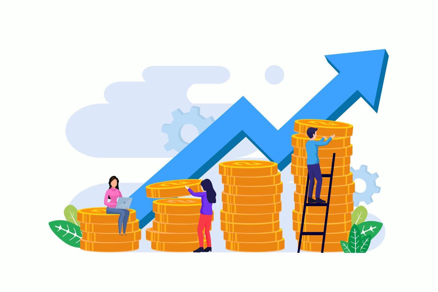 concepto de inversión empresarial, personas que recolectan dinero en monedas para hacer crecer su inversión ilustración vectorial plana. estilo de plantilla de vector plano adecuado para página de inicio web, fondo.