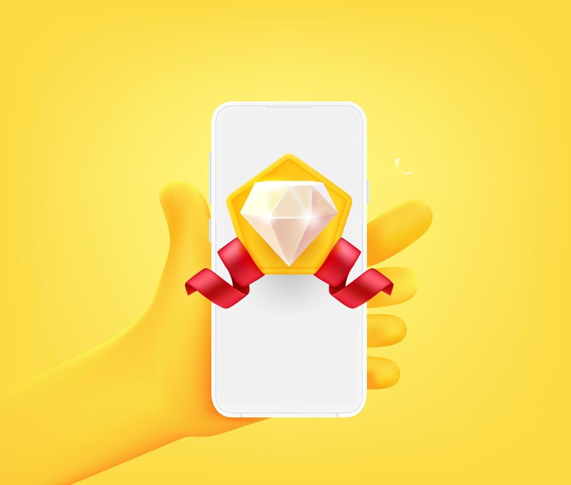 Award gem on smartphone screen. 3d vector illustration